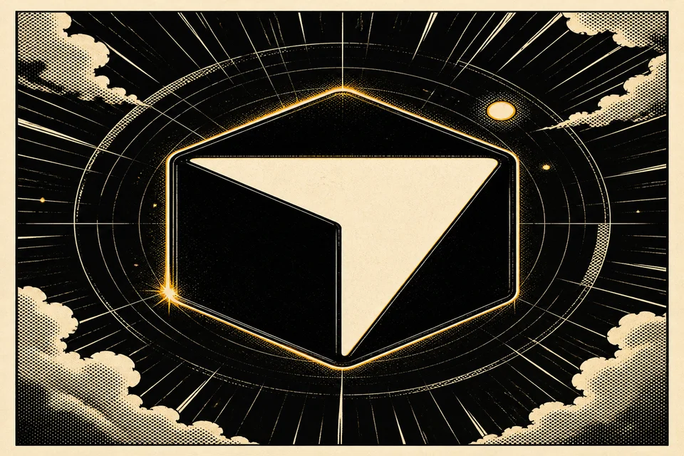 Logo hexagonal de Cursor en marfil sobre fondo negro con textura halftone, líneas de velocidad radiales y acentos ámbar retro manga