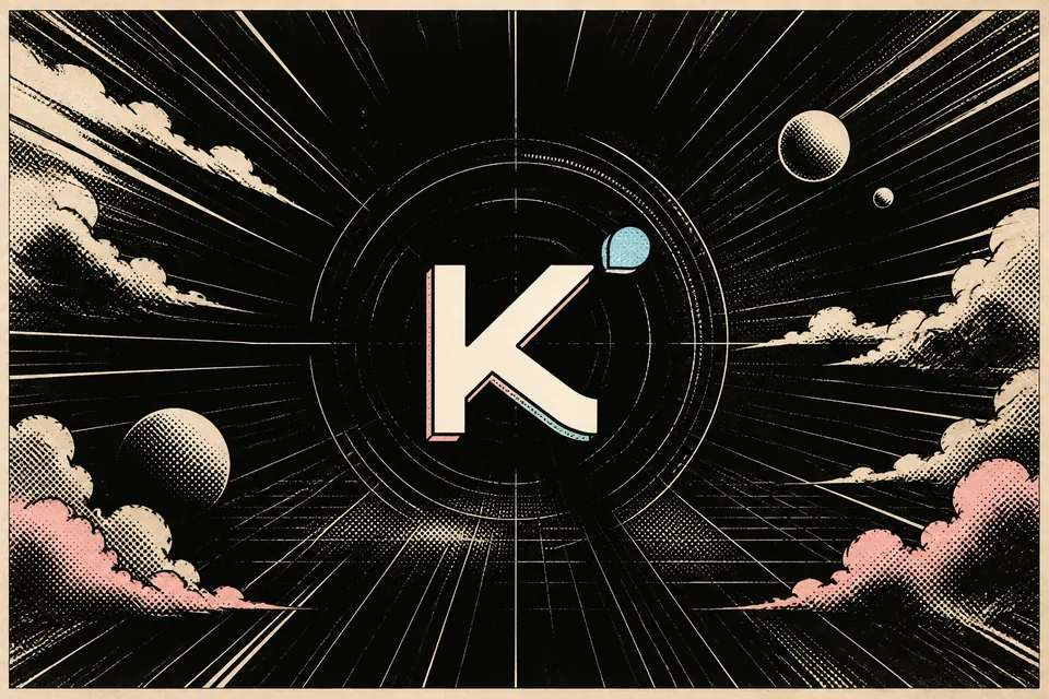 Logo de Kimi, una letra K en marfil sobre fondo negro con textura halftone, círculos de radar y líneas de velocidad retro manga, con un punto azul sobre la K